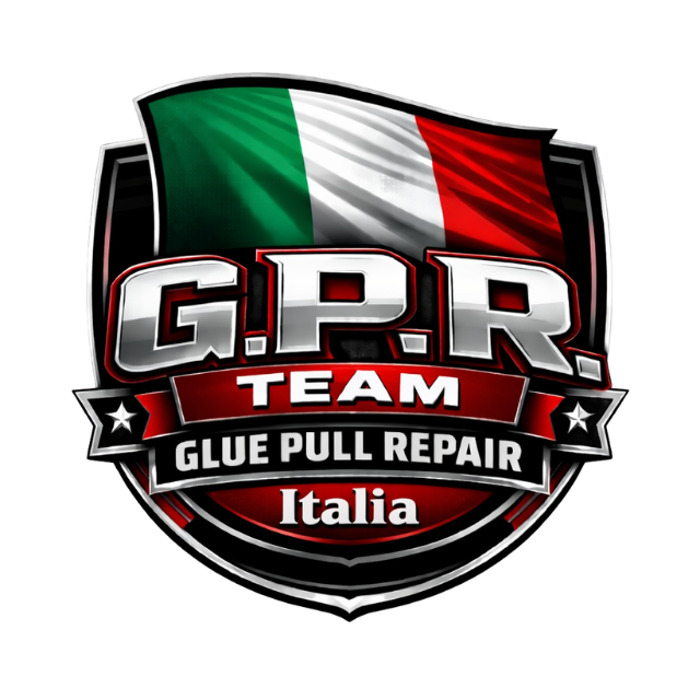 logo GPR senza sfondo, bandiera italiana con sotto scritta GPR TEAM GLUE PULL REPAIR ITALIA